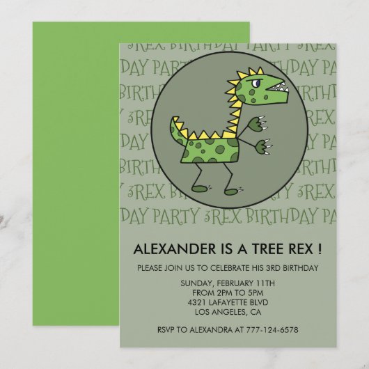 Drie rex verjaardagsuitnodiging dinosaurus 3de jon kaart (Voorkant / Achterkant)
