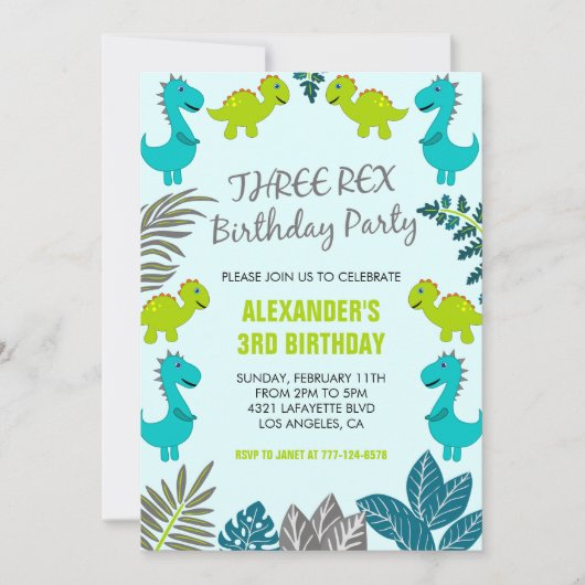 Drie rex verjaardagsuitnodiging dinosaurus 3rd Coo Kaart (Voorkant)