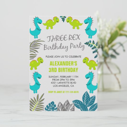 Drie rex verjaardagsuitnodiging dinosaurus 3rd Coo Kaart (Staand voorkant)