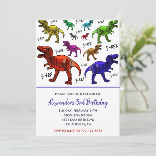 Drie rex verjaardagsuitnodiging kleurrijke jongen kaart (Staand voorkant)