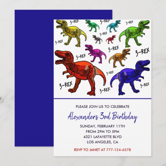 Drie rex verjaardagsuitnodiging kleurrijke jongen kaart (Voorkant / Achterkant)