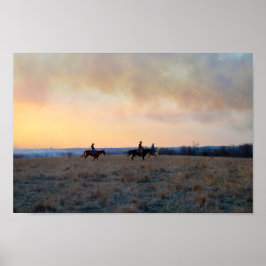 Drie Riders op de Kansas Prairie op Sunset Poster