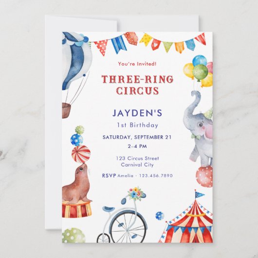 Drie Ring Circus 1e Verjaardags Kermis Dier Kaart (Voorkant)