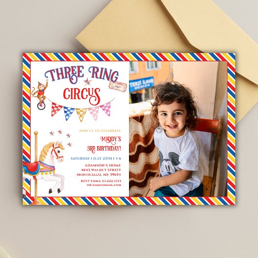 Drie Ring Circus Dier 3e Foto Verjaardagsfeestje Kaart