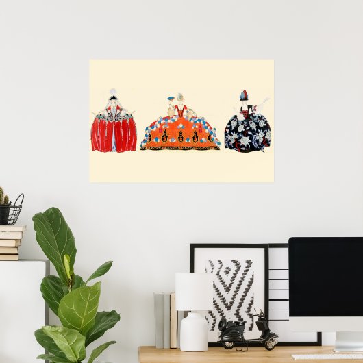 DRIE ROCOCO-DAMES, SCHOONHEID, MODE KOSTUUMONTWERP POSTER (Thuiskantoor)