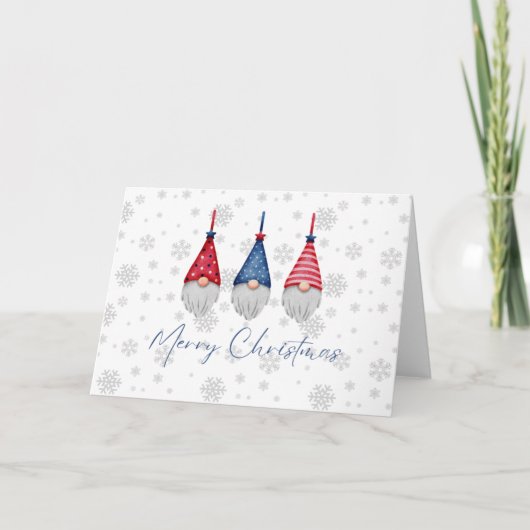 Drie Rode Blauwe Gnomen Merry Kerstsnowflakes Kaart (Voorkant)
