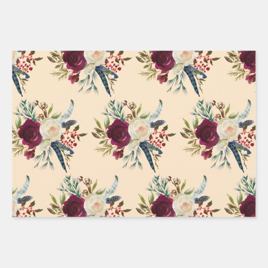 Drie rode bloemen kerst inpakpapier vel (Voorkant 2)