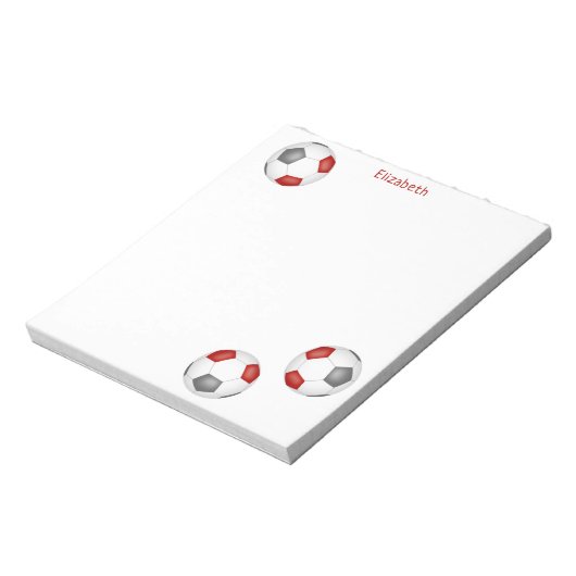 Drie rode grijze voetballen gepersonaliseerd notitieblok (Linkerzijde)