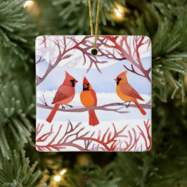 Drie rode kardinalen in besneeuwde takken keramisch ornament