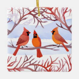 Drie rode kardinalen in besneeuwde takken keramisch ornament
