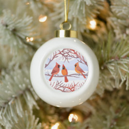 Drie Rode Kardinalen in Besneeuwde Takken Keramische Bal Ornament
