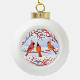 Drie rode kardinalen in besneeuwde takken keramische bal ornament