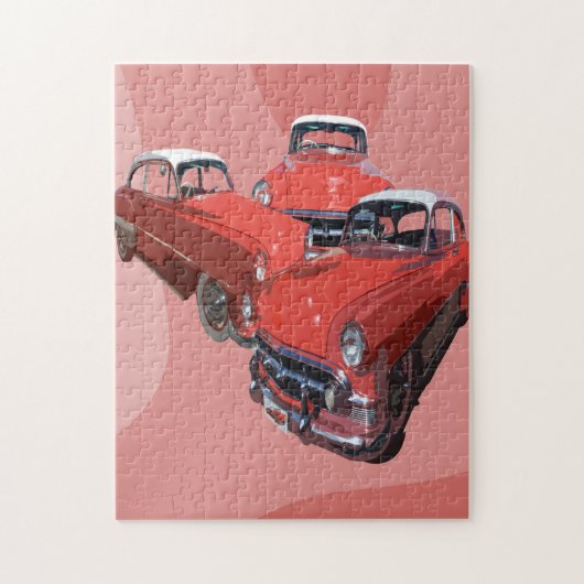 Drie rode klassieke auto's Popart, legpuzzel (Verticaal)