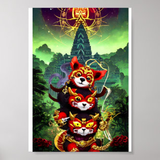 Drie Rode Panda Poster