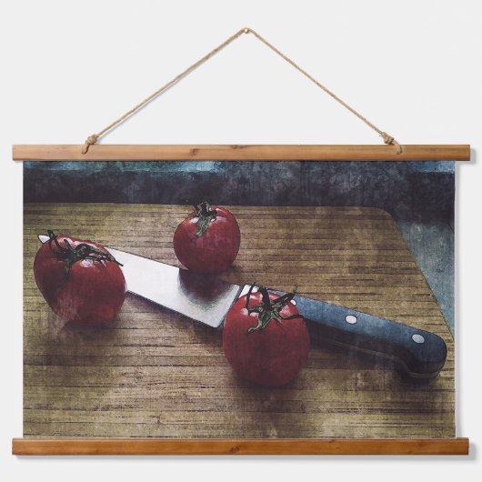 Drie rode tomaten op een hakbord hangend wandkleed (Voorkant)