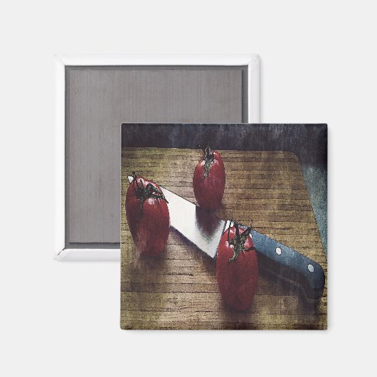 Drie rode tomaten op een hakbord magneet (Voorkant / Achterkant)
