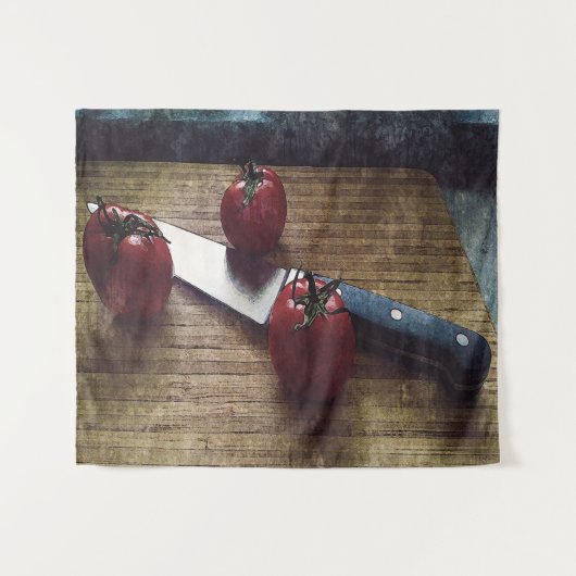 Drie rode tomaten op een hakbord wandkleed (Voorkant (horizontaal))