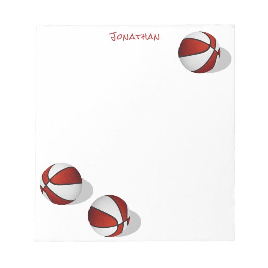 Drie rode witte basketballen aangepaste naam notitieblok (Voorkant)