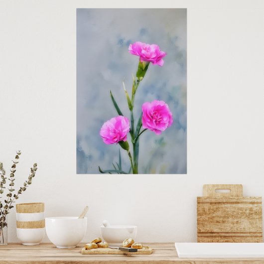 Drie Roze Anjers Tuin Art Poster (Keuken)
