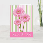 Drie roze bloemen en Stripes Birthday Kaart (Voorkant)
