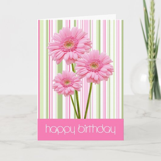 Drie roze bloemen en Stripes Birthday Kaart (Voorkant)