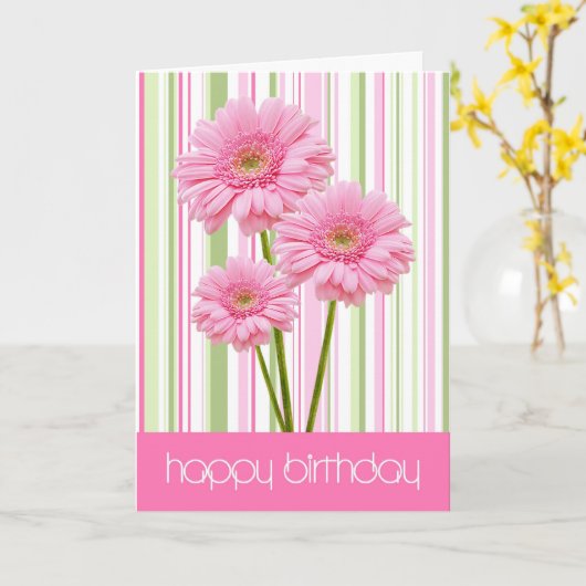 Drie roze bloemen en Stripes Birthday Kaart (Gele Bloem)