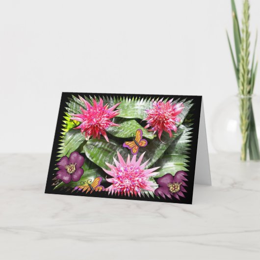 Drie Roze Bloemen van de Cactus met Vlinders Kaart (Voorkant)