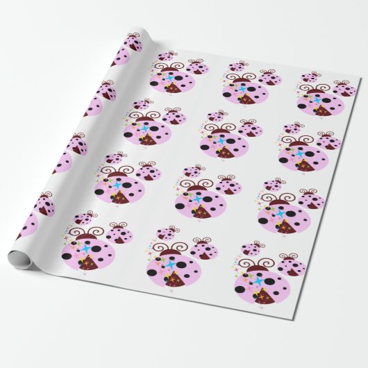 Drie roze en zwarte ladybug met sterren cadeaupapier (Uitgerold)