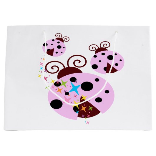 Drie roze en zwarte ladybug met sterren groot cadeauzakje (Voorkant)