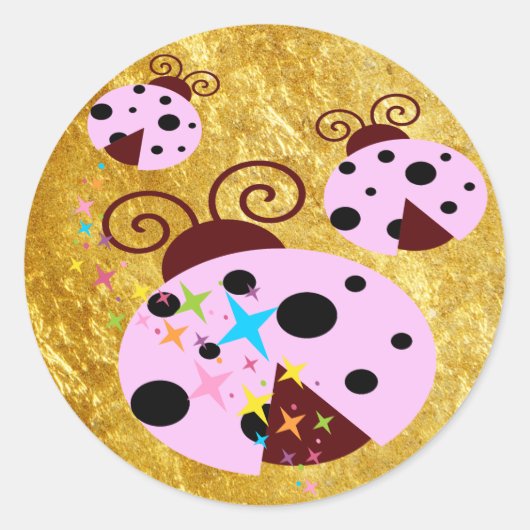 Drie roze en zwarte ladybug met sterren ronde sticker (Voorkant)