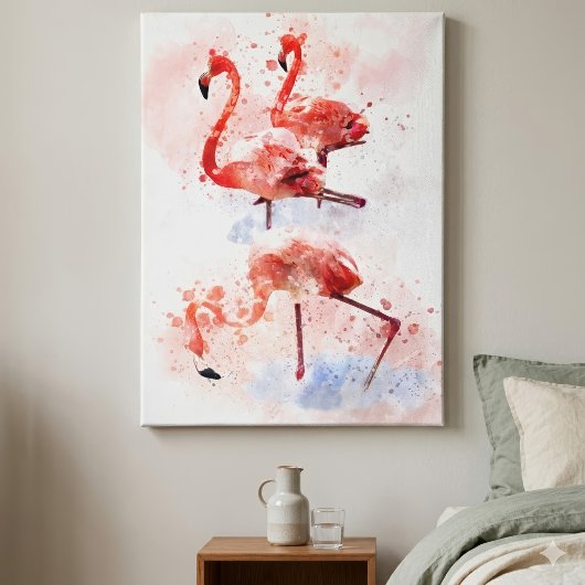 Drie Roze Flamingo's in Aquarel Kunstprint Canvas Afdruk
