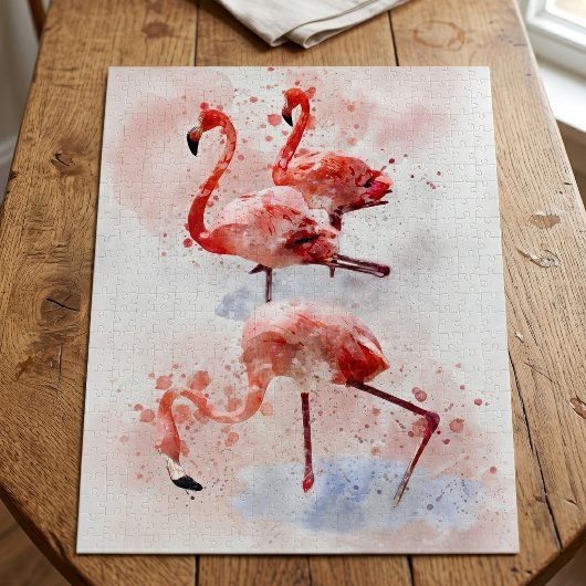 Drie Roze Flamingo's in Aquarel Kunstprint Legpuzzel