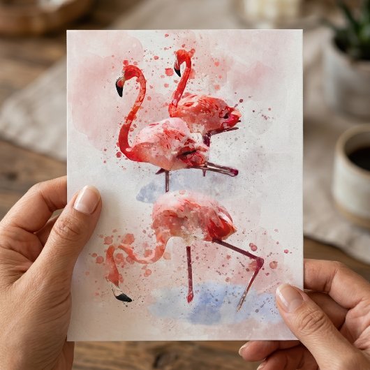 Drie Roze Flamingo's in Waterverf Kunstprint Briefkaart