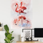 Drie Roze Flamingo's in Waterverf Kunstprint Poster (Thuiskantoor)