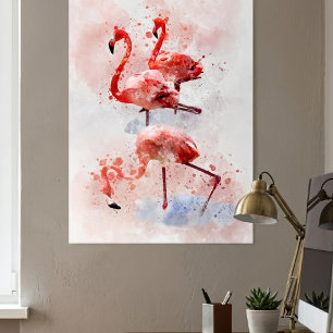 Drie Roze Flamingo's in Waterverf Kunstprint Poster