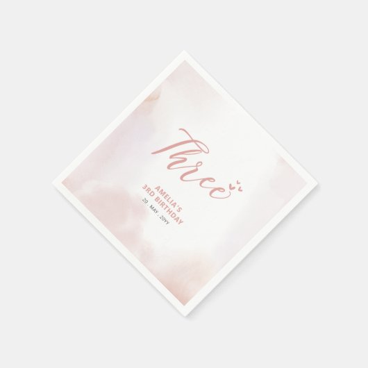 Drie | Roze harten en Waterverf meisje, 3e verjaar Servet (Hoek)