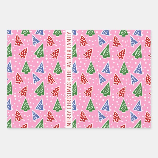 Drie roze kerstbomen, sneeuw en naam inpakpapier vel (Voorkant 3)