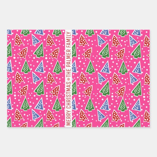 Drie roze kerstbomen, sneeuw en naam inpakpapier vel (Voorkant 2)