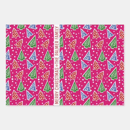 Drie roze kerstbomen, sneeuw en naam inpakpapier vel (Voorkant)