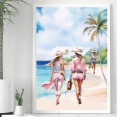 Drie Roze Kustcowgirl Tropisch Eiland Poster