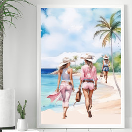Drie Roze Kustcowgirl Tropisch Eiland Poster