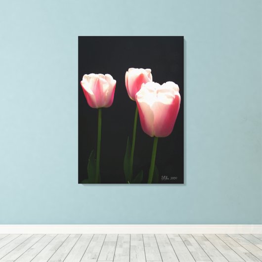 Drie roze tulpbloemen canvas afdruk (Insitu (Houten vloer))