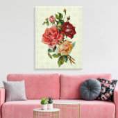Drie rozen op pastelgroen patroondoek canvas afdruk (Insitu (Woonkamer))