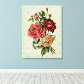 Drie rozen op pastelgroen patroondoek canvas afdruk (Insitu (Houten vloer))