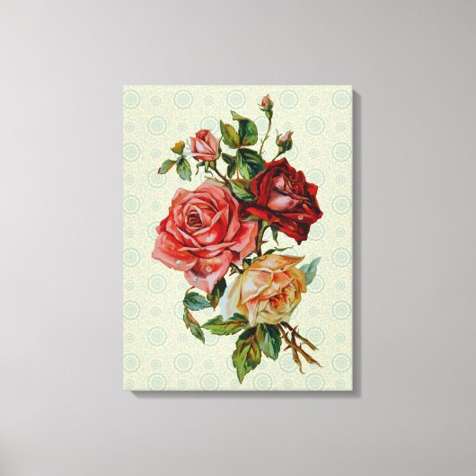 Drie rozen op pastelgroen patroondoek canvas afdruk (Voorkant)