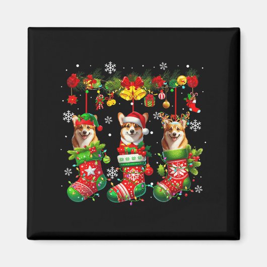 Drie Santa Elf Corgis Inside Xmas Sokken Eigenaar Magneet (Voorkant)