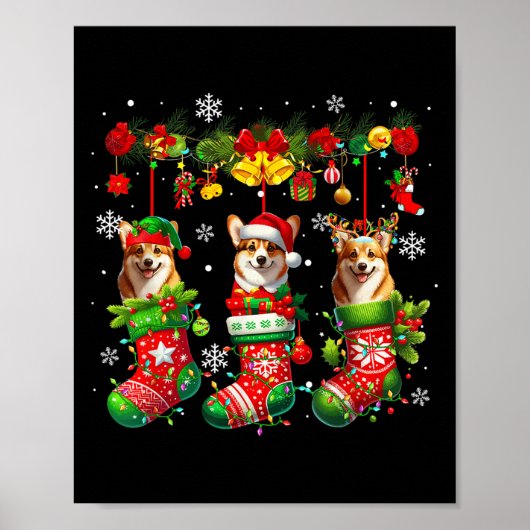 Drie Santa Elf Corgis Inside Xmas Sokken Eigenaar  Poster (Voorkant)