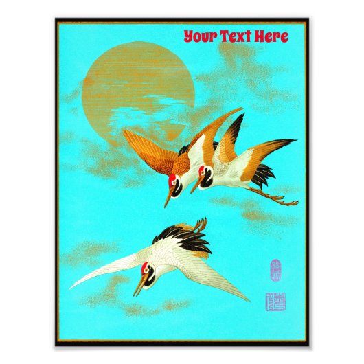 Drie sarus kraan vliegen voor de maan foto afdruk (Voorkant)