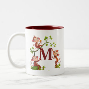 Drie Schattige Apen en Paarse Monogrammok Tweekleurige Koffiemok