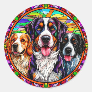 Drie Schattige Honden Glas-in-Lood Stijl Portret Ronde Sticker